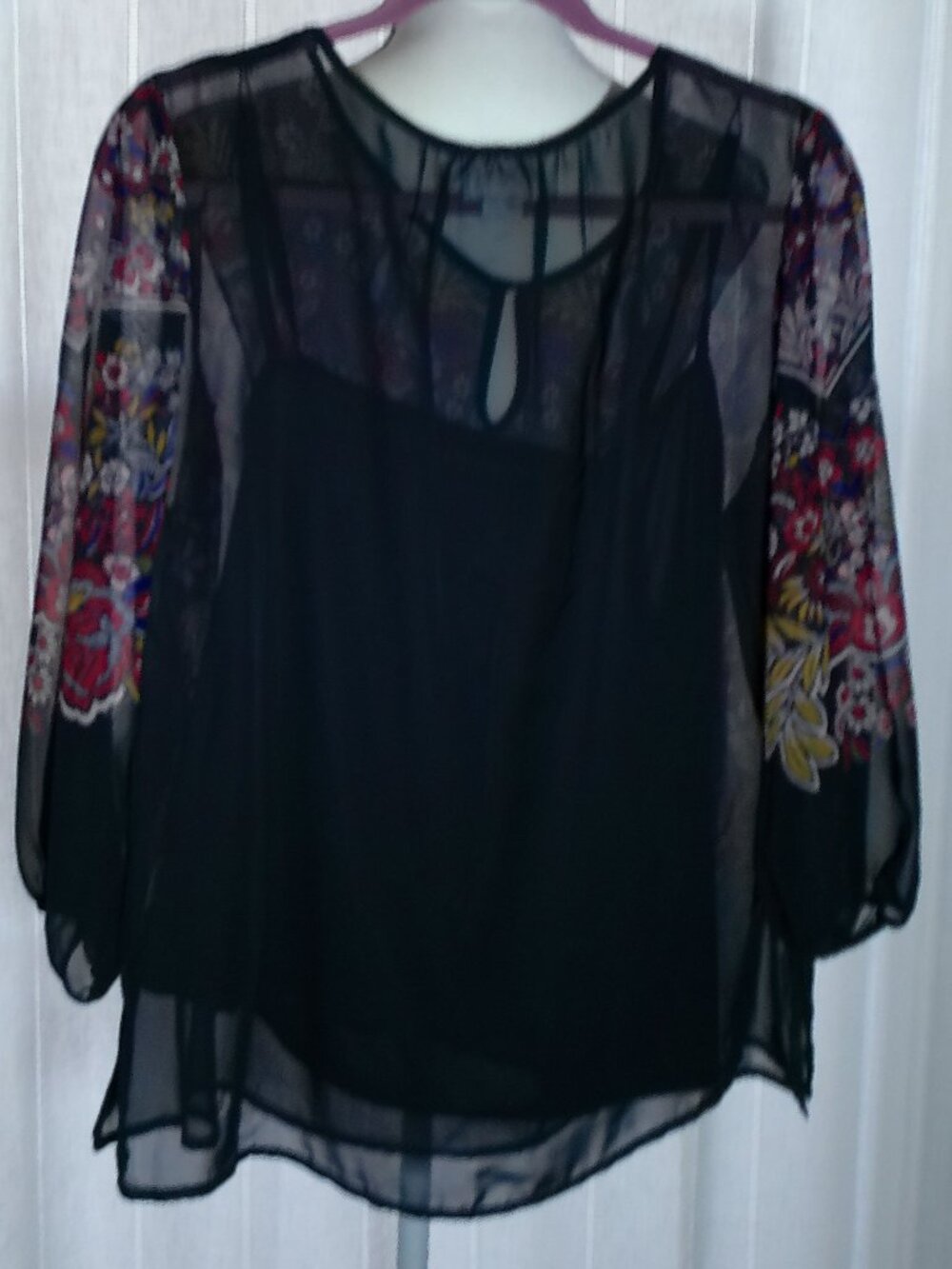 LIZ CLAIBORNE 3/4 Sleeves Scoop Neck w/Button Navy Blue w/Florals Blouse NWOT L - Picture 3 of 8